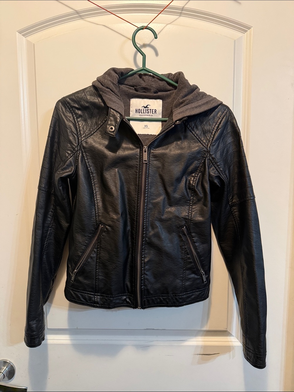 Hollister Black Faux Leather Jacket with Gray Hood